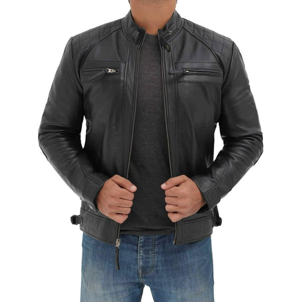 Black Leather Jacket Mens Real Lambskin Leather Distressed Motorcycle Jacket